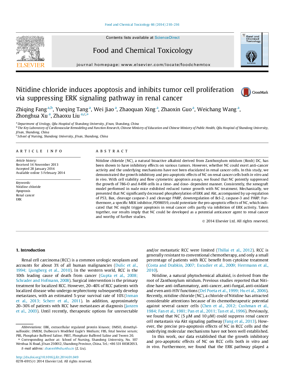 عکس صفحه اول مقاله: Nitidine chloride induces apoptosis and inhibits tumor cell proliferation via suppressing ERK signaling pathway in renal cancer Nitidine chloride induces apoptosis and inhibits tumor cell proliferation via suppressing ERK signaling pathway in renal cancer