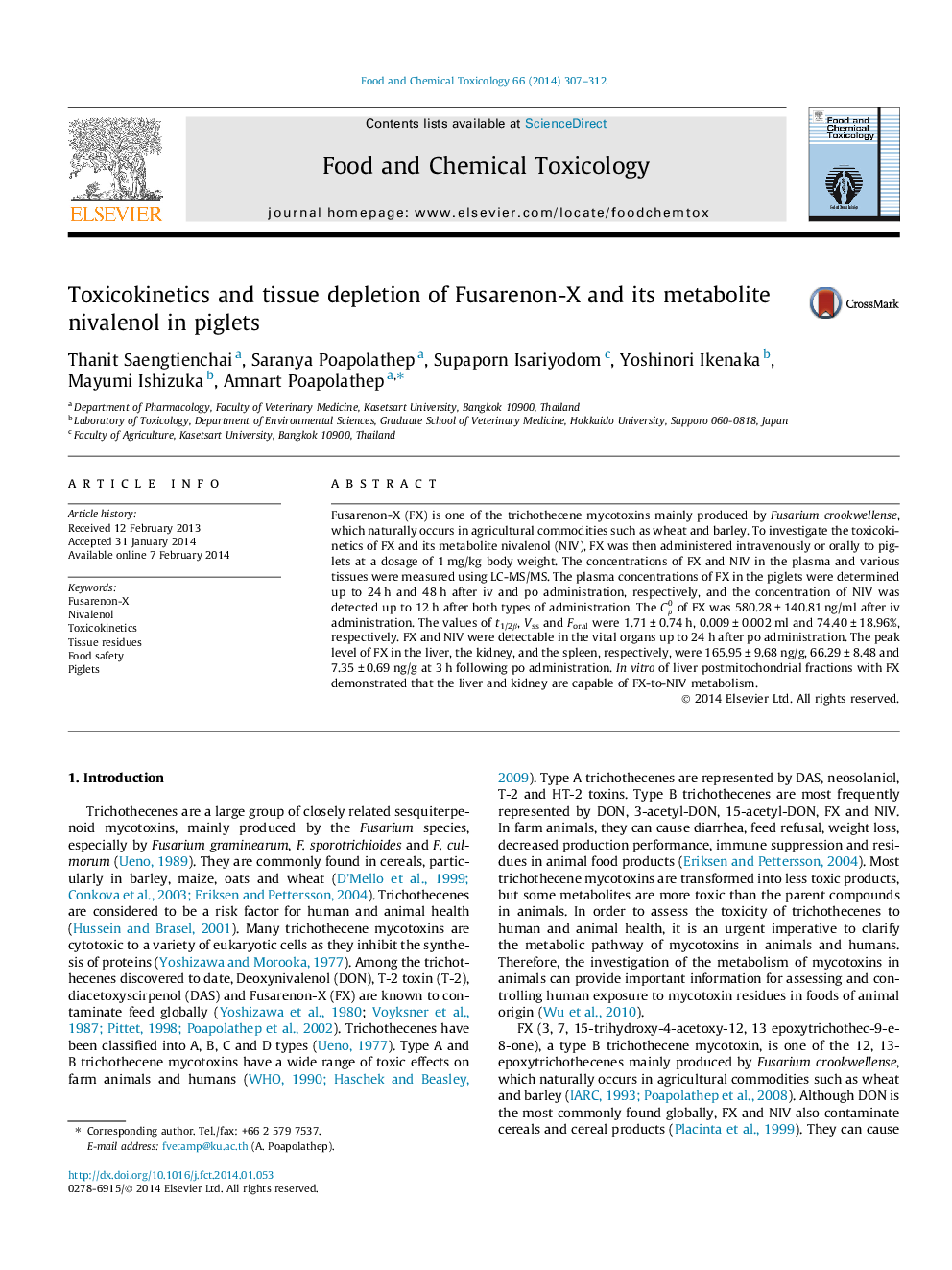 Toxicokinetics and tissue depletion of Fusarenon-X and its metabolite nivalenol in piglets