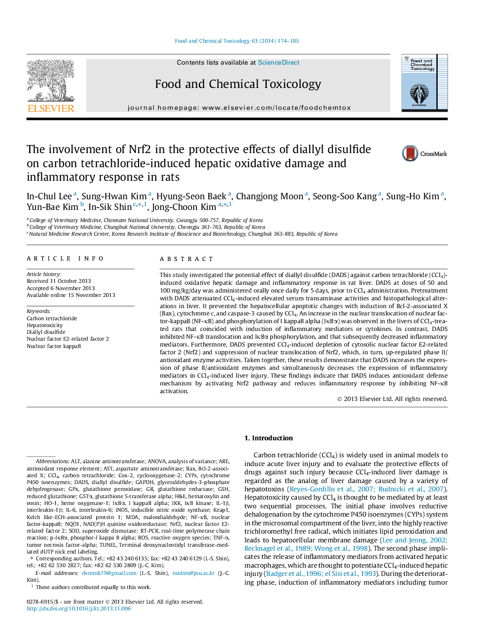 The involvement of Nrf2 in the protective effects of diallyl disulfide on carbon tetrachloride-induced hepatic oxidative damage and inflammatory response in rats