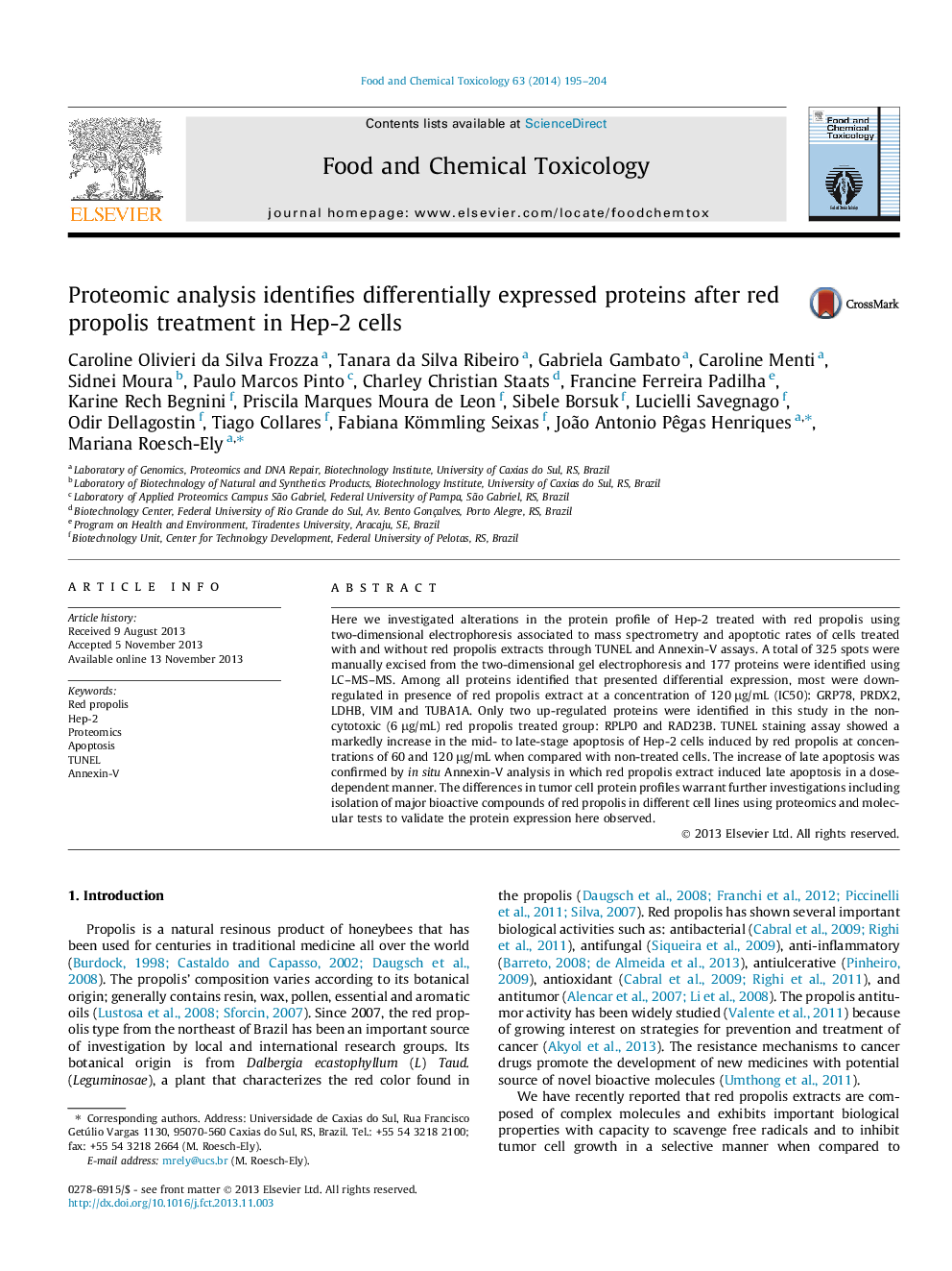 Proteomic analysis identifies differentially expressed proteins after red propolis treatment in Hep-2 cells