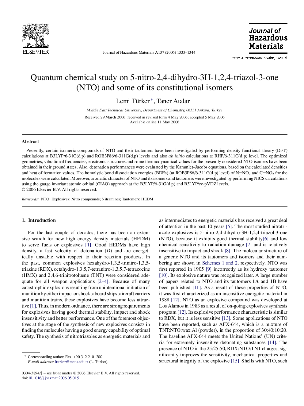 Quantum chemical study on 5-nitro-2,4-dihydro-3H-1,2,4-triazol-3-one (NTO) and some of its constitutional isomers