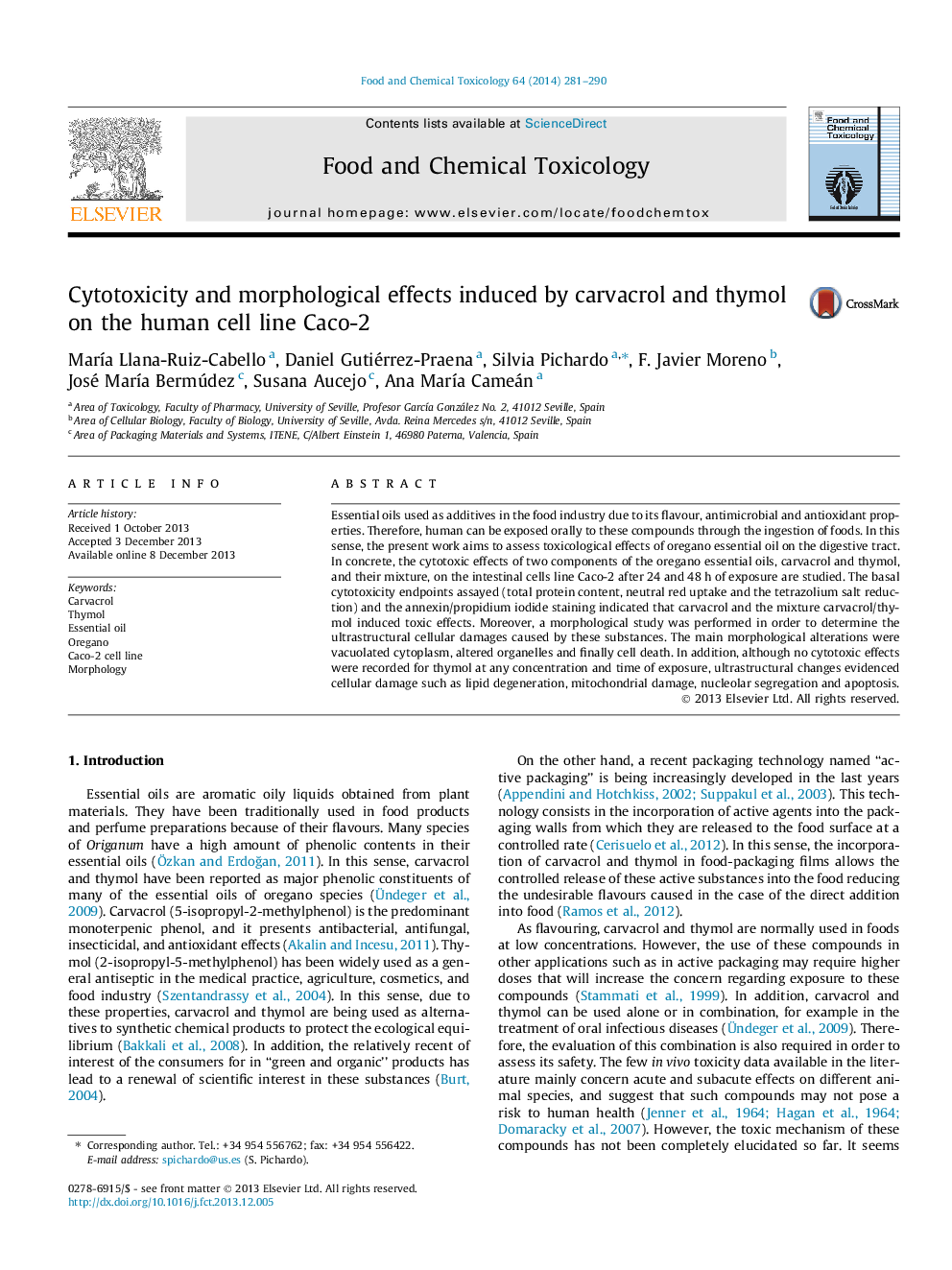 Cytotoxicity and morphological effects induced by carvacrol and thymol on the human cell line Caco-2