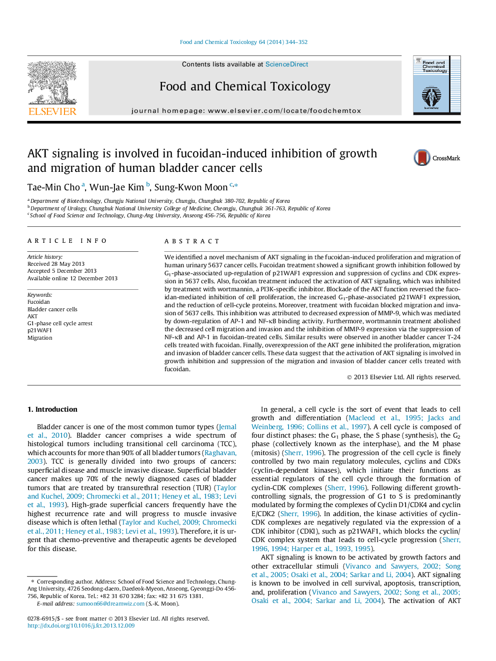 AKT signaling is involved in fucoidan-induced inhibition of growth and migration of human bladder cancer cells