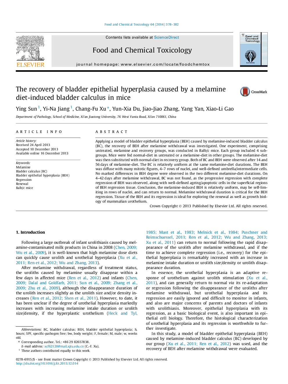 The recovery of bladder epithelial hyperplasia caused by a melamine diet-induced bladder calculus in mice