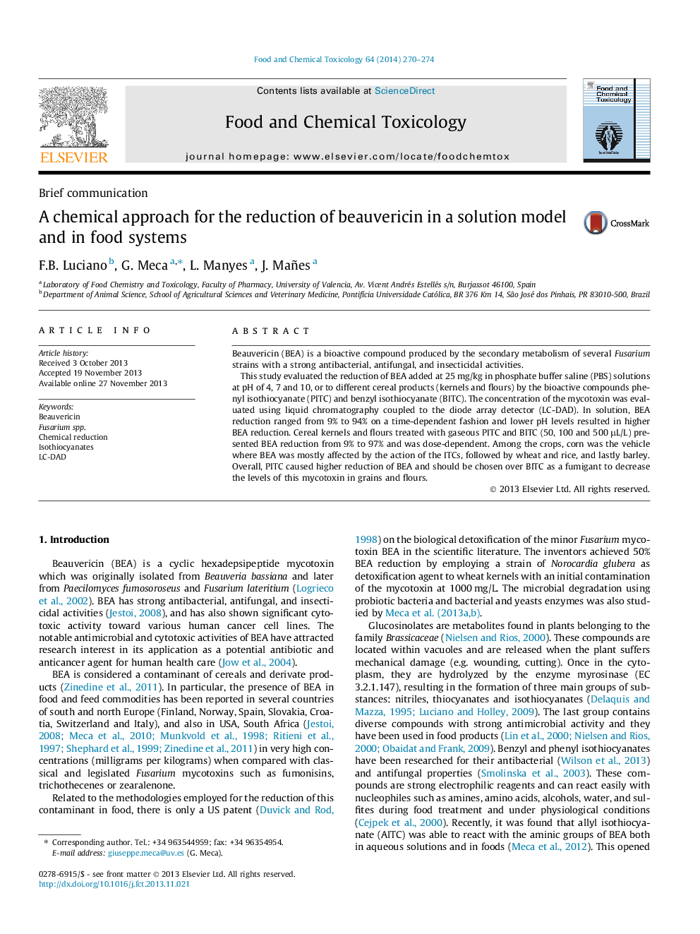 A chemical approach for the reduction of beauvericin in a solution model and in food systems