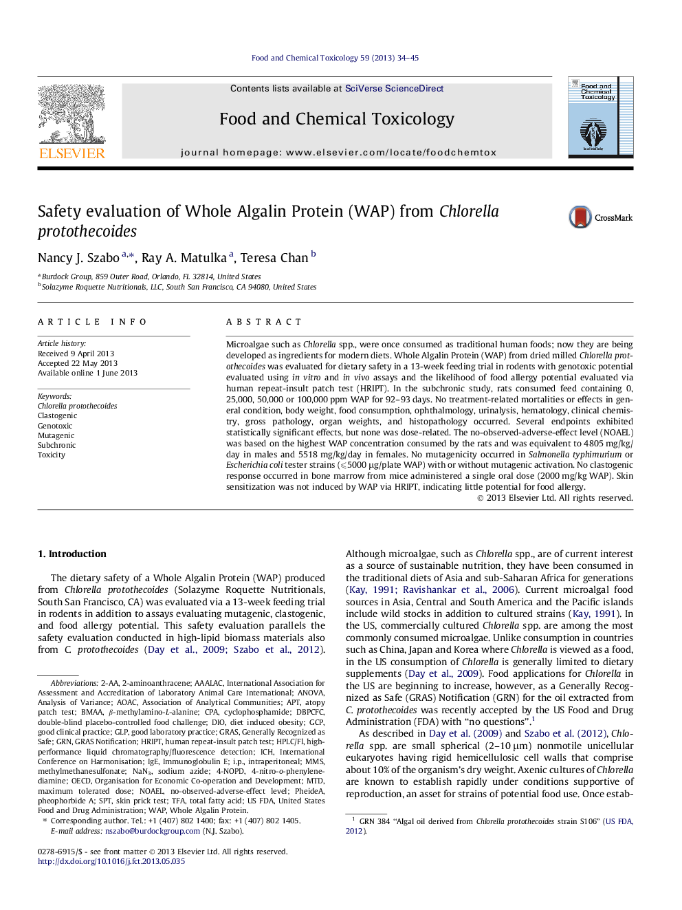 Safety evaluation of Whole Algalin Protein (WAP) from Chlorella protothecoides