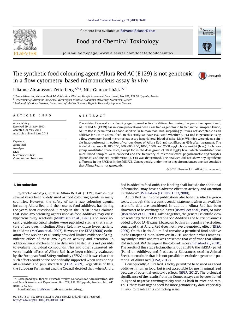 The synthetic food colouring agent Allura Red AC (E129) is not genotoxic in a flow cytometry-based micronucleus assay in vivo