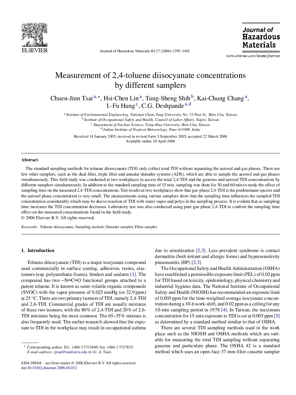 Measurement of 2,4-toluene diisocyanate concentrations by different samplers