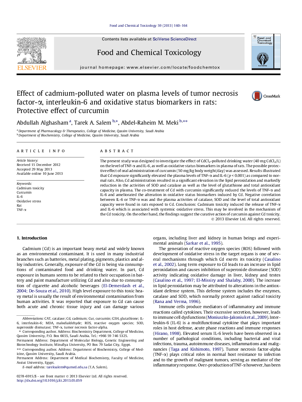 Effect of cadmium-polluted water on plasma levels of tumor necrosis factor-Î±, interleukin-6 and oxidative status biomarkers in rats: Protective effect of curcumin