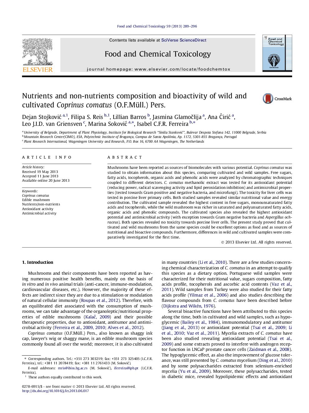 Nutrients and non-nutrients composition and bioactivity of wild and cultivated Coprinus comatus (O.F.Müll.) Pers.