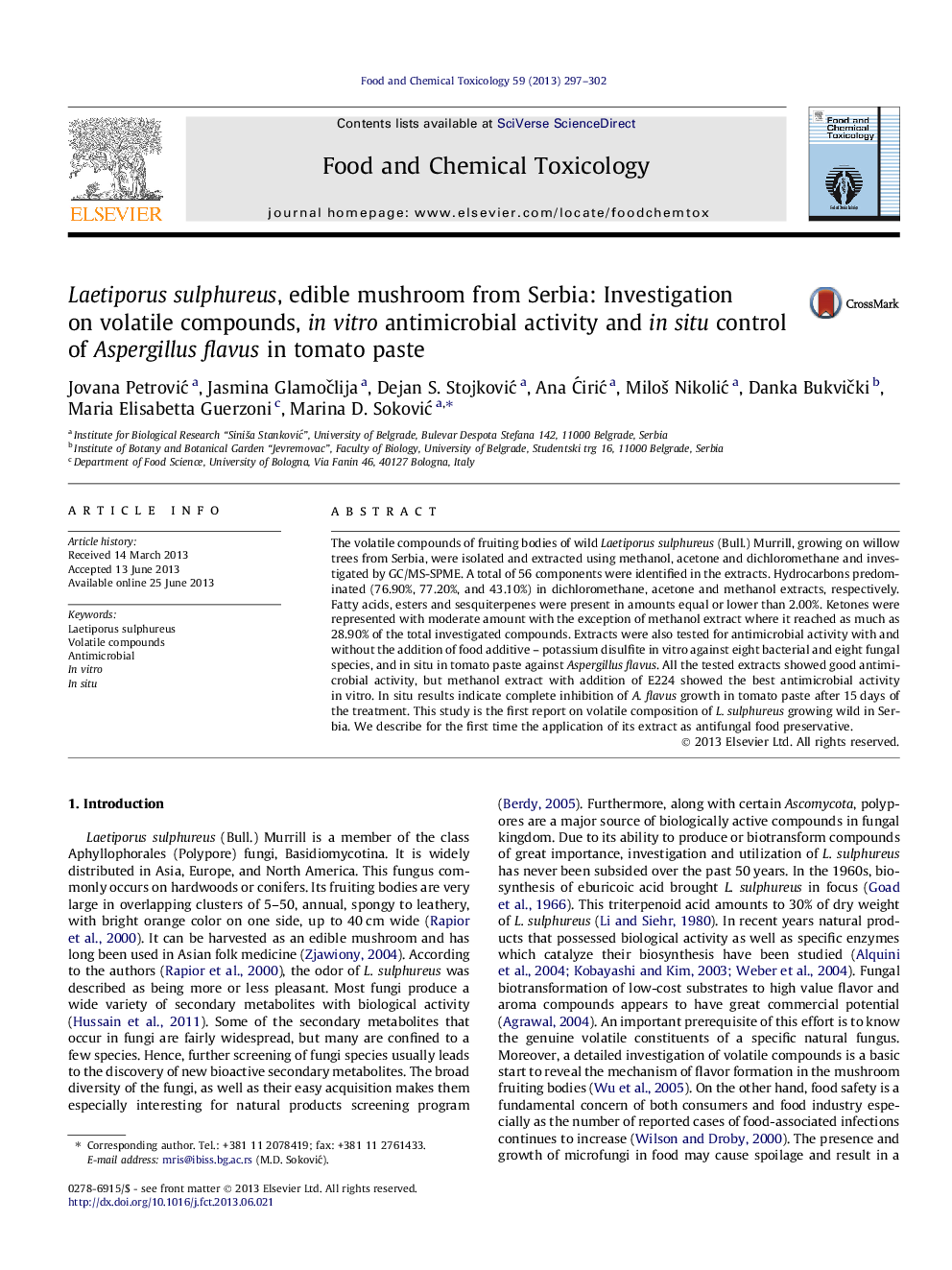 Laetiporus sulphureus, edible mushroom from Serbia: Investigation on volatile compounds, in vitro antimicrobial activity and in situ control of Aspergillus flavus in tomato paste