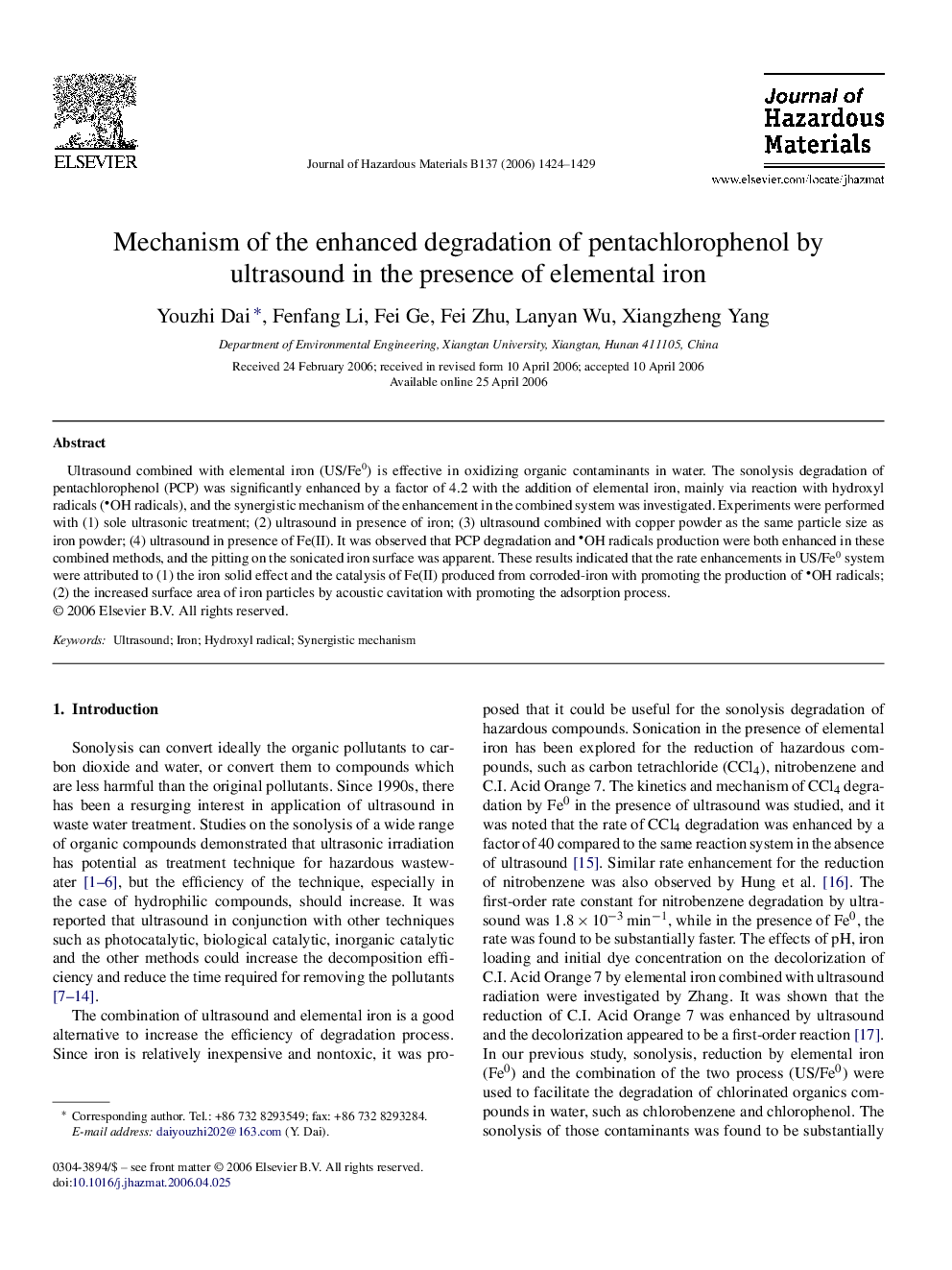 Mechanism of the enhanced degradation of pentachlorophenol by ultrasound in the presence of elemental iron