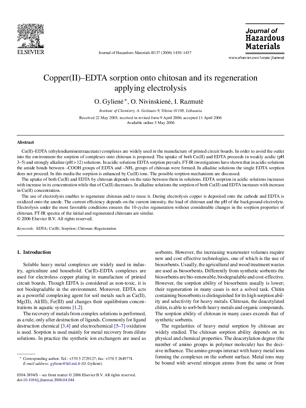 Copper(II)-EDTA sorption onto chitosan and its regeneration applying electrolysis