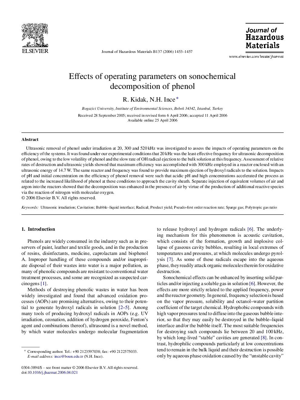 Effects of operating parameters on sonochemical decomposition of phenol