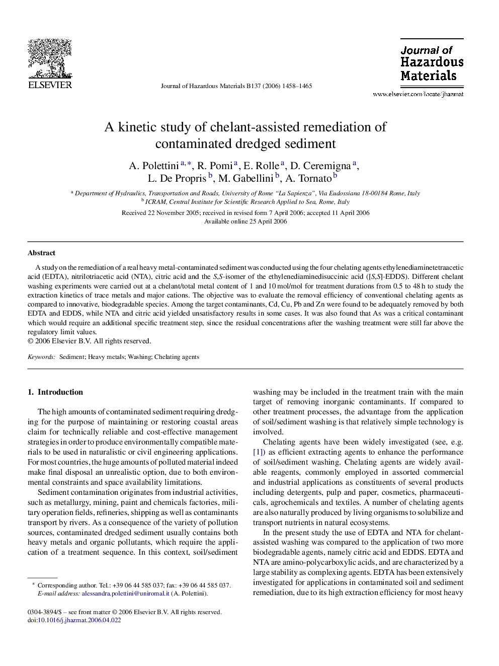 A kinetic study of chelant-assisted remediation of contaminated dredged sediment