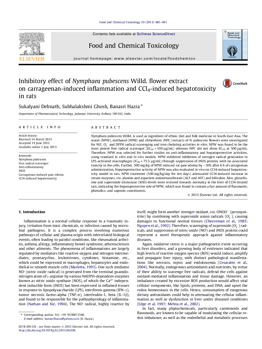 Inhibitory effect of Nymphaea pubescens Willd. flower extract on carrageenan-induced inflammation and CCl4-induced hepatotoxicity in rats