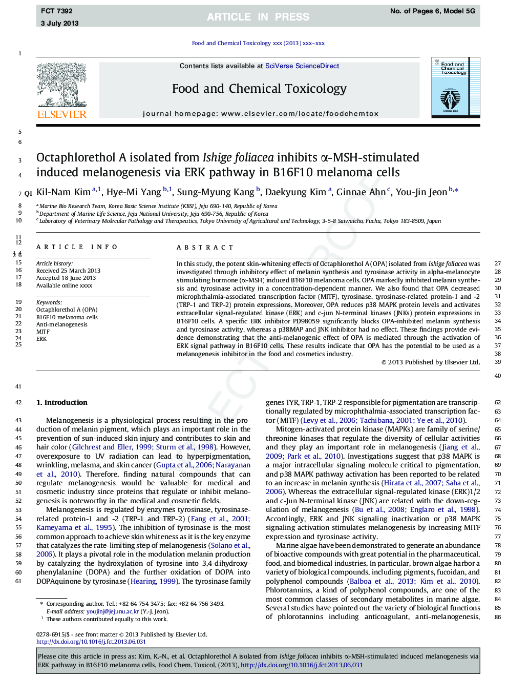 Octaphlorethol A isolated from Ishige foliacea inhibits Î±-MSH-stimulated induced melanogenesis via ERK pathway in B16F10 melanoma cells