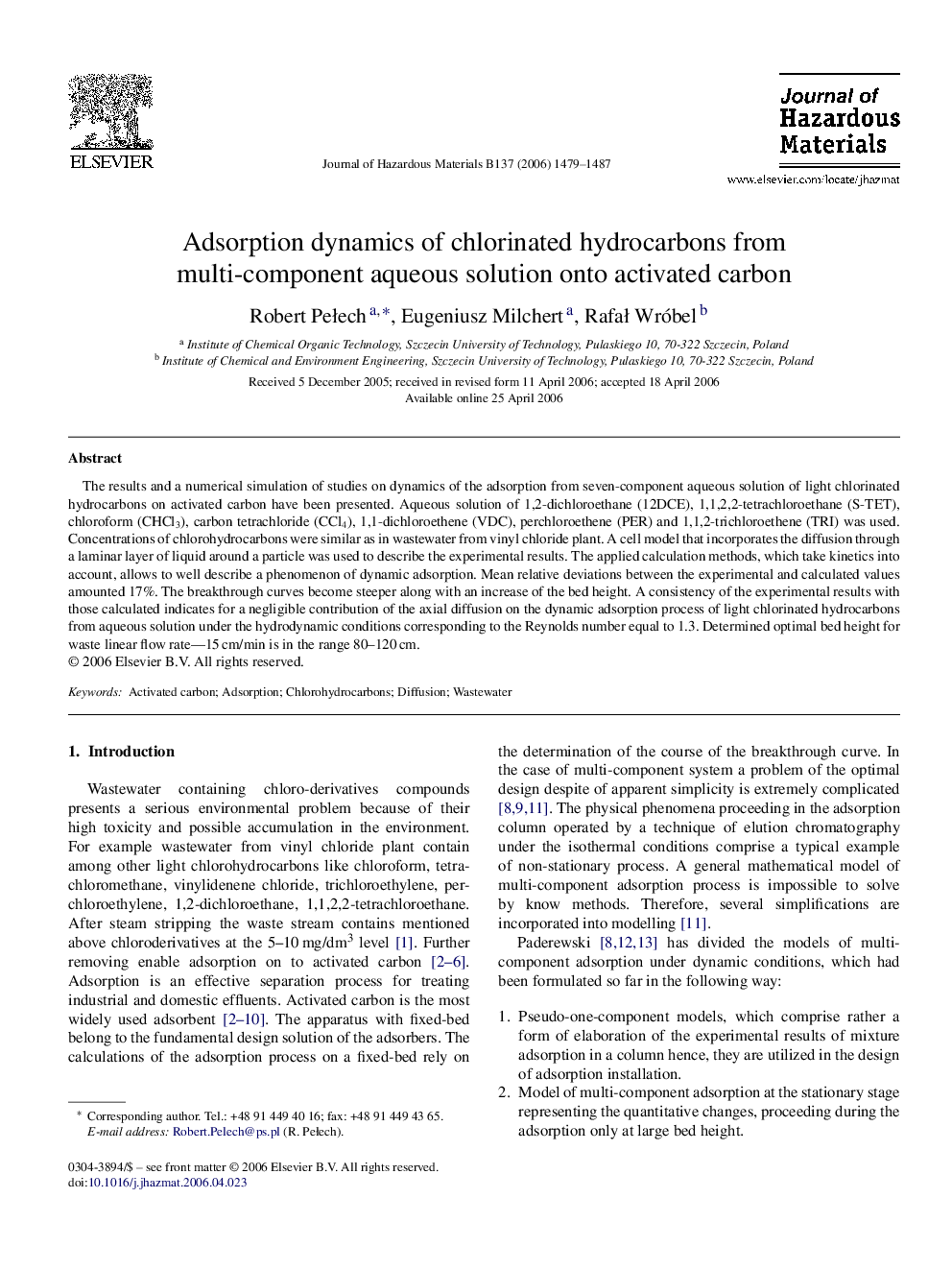 Adsorption dynamics of chlorinated hydrocarbons from multi-component aqueous solution onto activated carbon