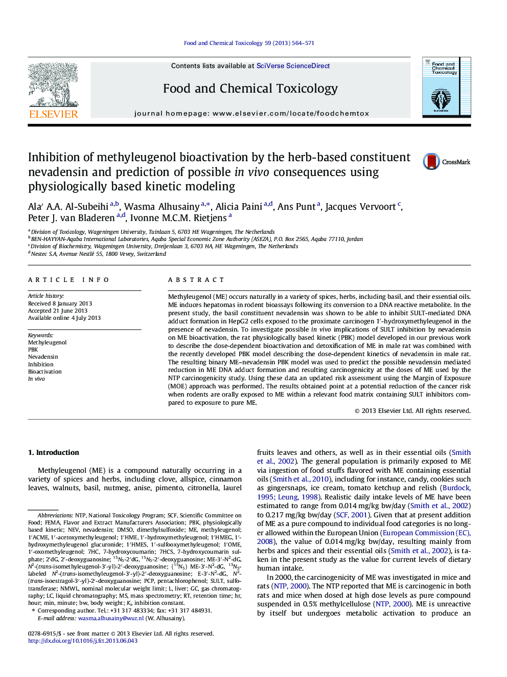 Inhibition of methyleugenol bioactivation by the herb-based constituent nevadensin and prediction of possible in vivo consequences using physiologically based kinetic modeling