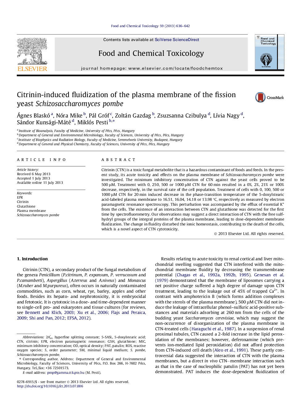 Citrinin-induced fluidization of the plasma membrane of the fission yeast Schizosaccharomyces pombe