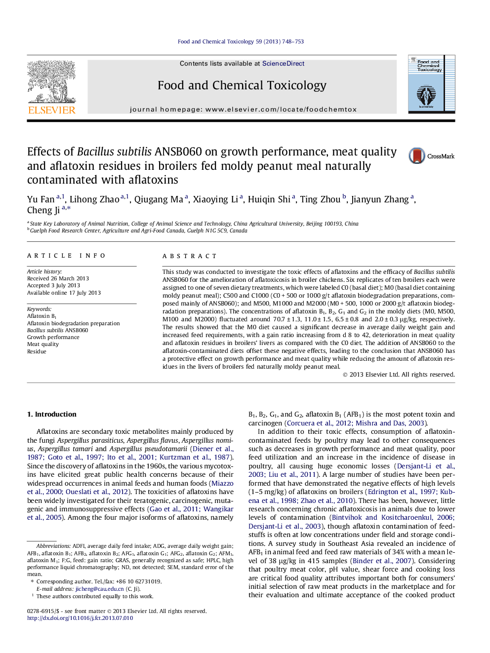 Effects of Bacillus subtilis ANSB060 on growth performance, meat quality and aflatoxin residues in broilers fed moldy peanut meal naturally contaminated with aflatoxins