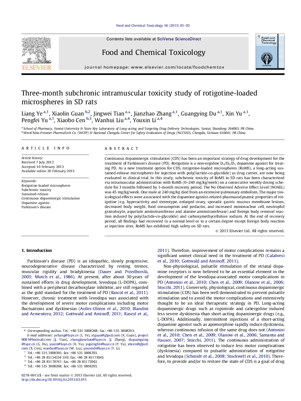 Three-month subchronic intramuscular toxicity study of rotigotine-loaded microspheres in SD rats