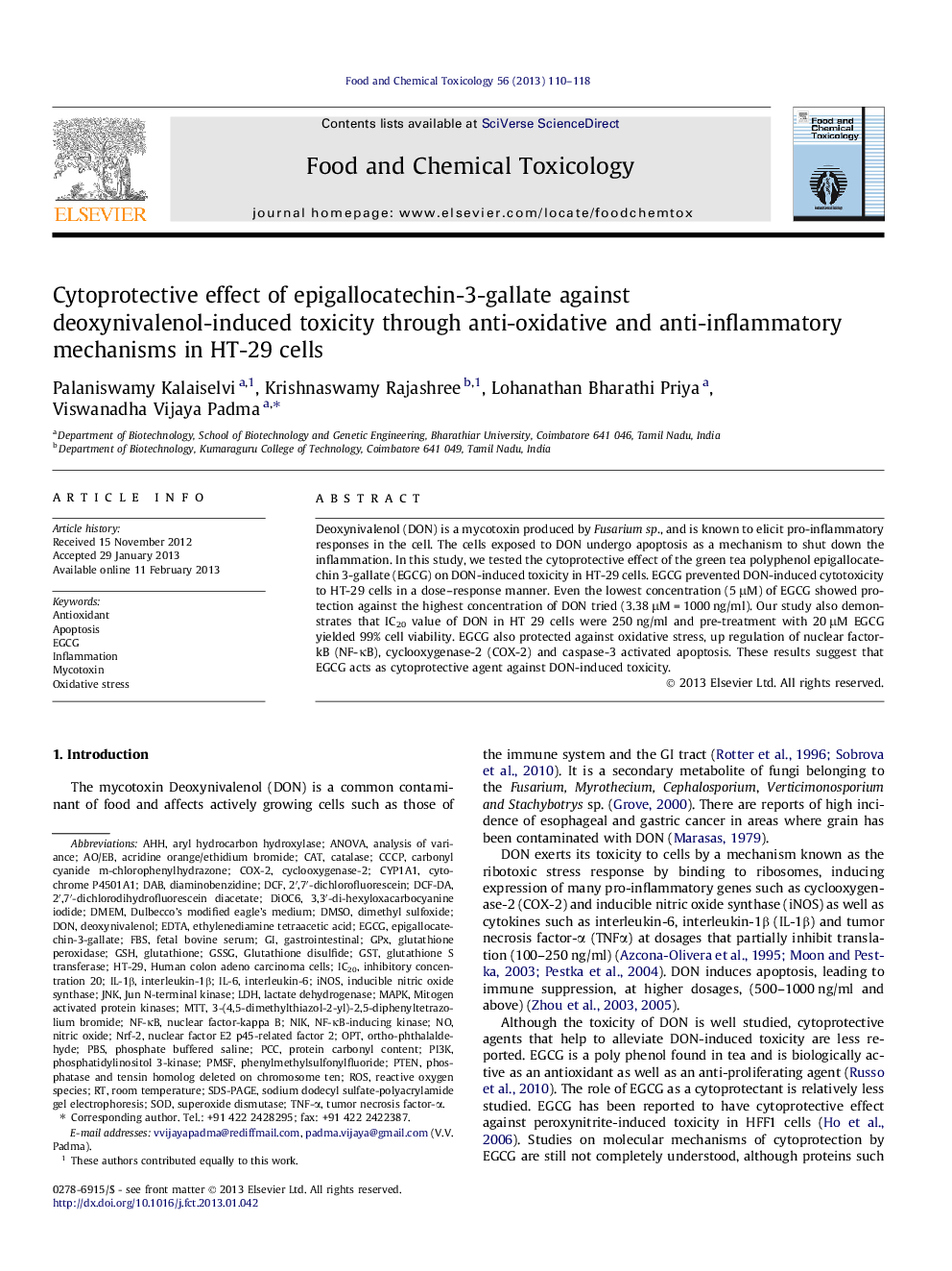 Cytoprotective effect of epigallocatechin-3-gallate against deoxynivalenol-induced toxicity through anti-oxidative and anti-inflammatory mechanisms in HT-29 cells