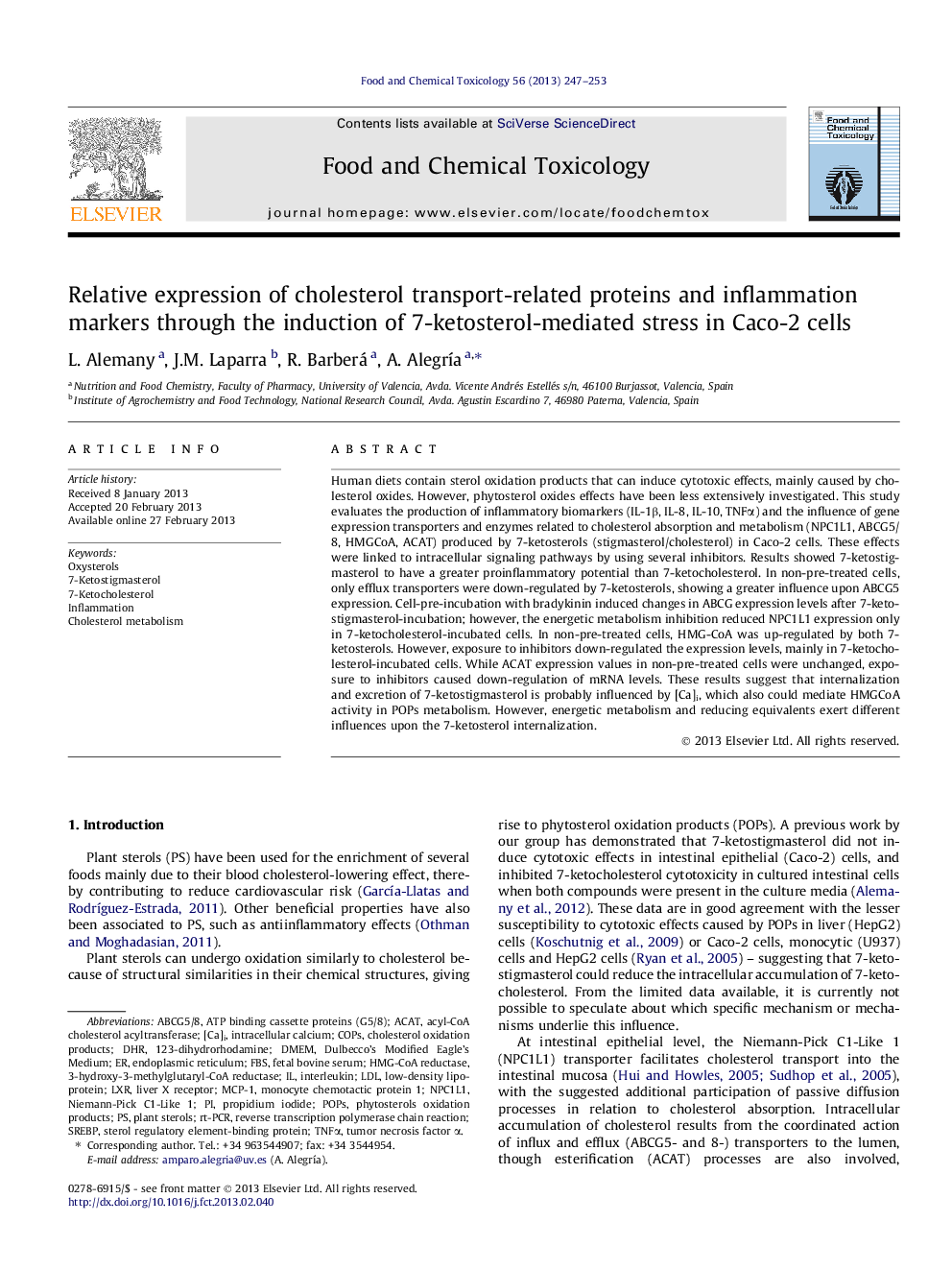 Relative expression of cholesterol transport-related proteins and inflammation markers through the induction of 7-ketosterol-mediated stress in Caco-2 cells