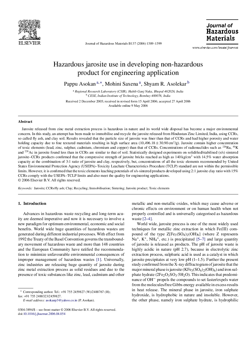 Hazardous jarosite use in developing non-hazardous product for engineering application