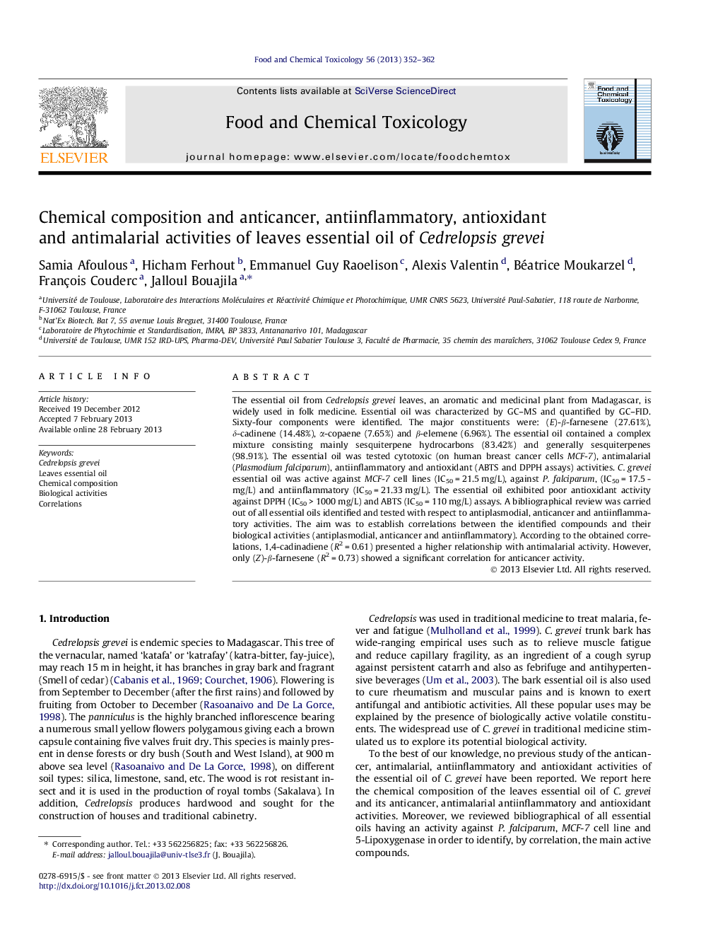 Chemical composition and anticancer, antiinflammatory, antioxidant and antimalarial activities of leaves essential oil of Cedrelopsis grevei