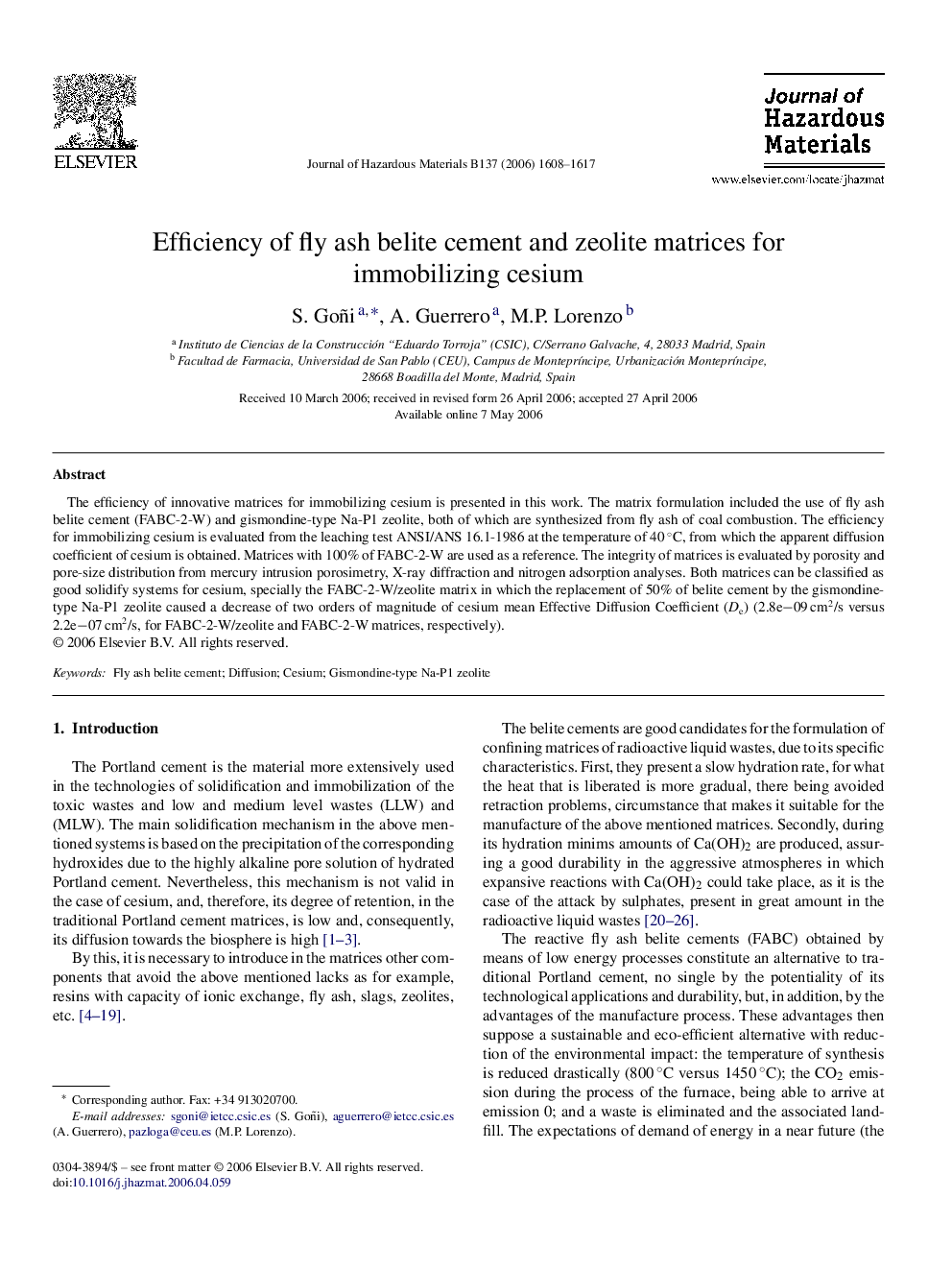 Efficiency of fly ash belite cement and zeolite matrices for immobilizing cesium