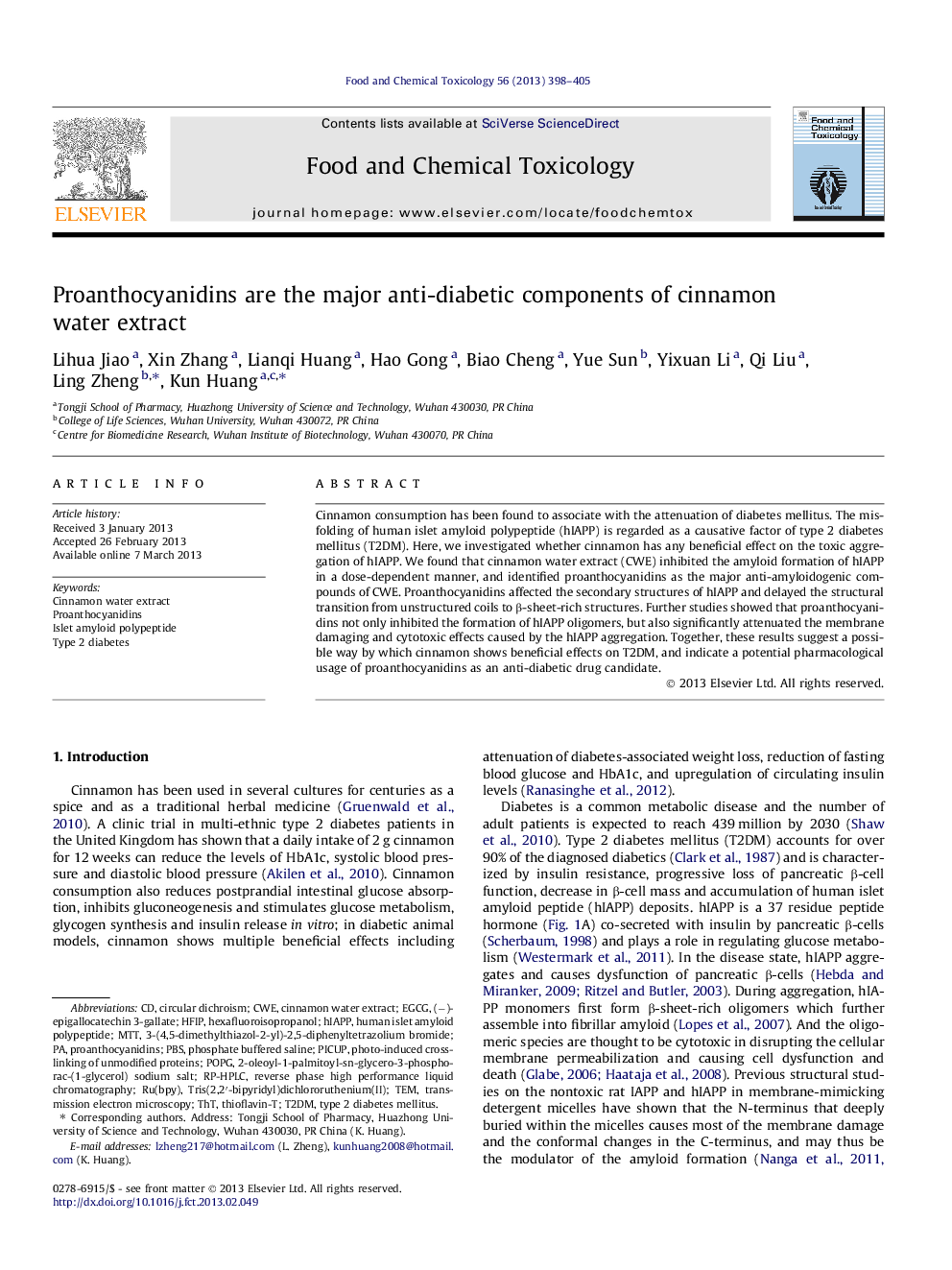 Proanthocyanidins are the major anti-diabetic components of cinnamon water extract