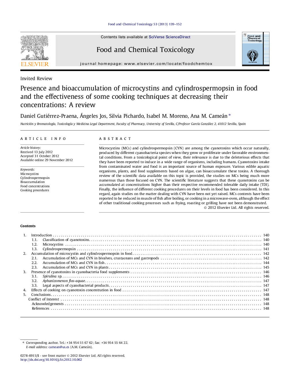 Invited ReviewPresence and bioaccumulation of microcystins and cylindrospermopsin in food and the effectiveness of some cooking techniques at decreasing their concentrations: A review