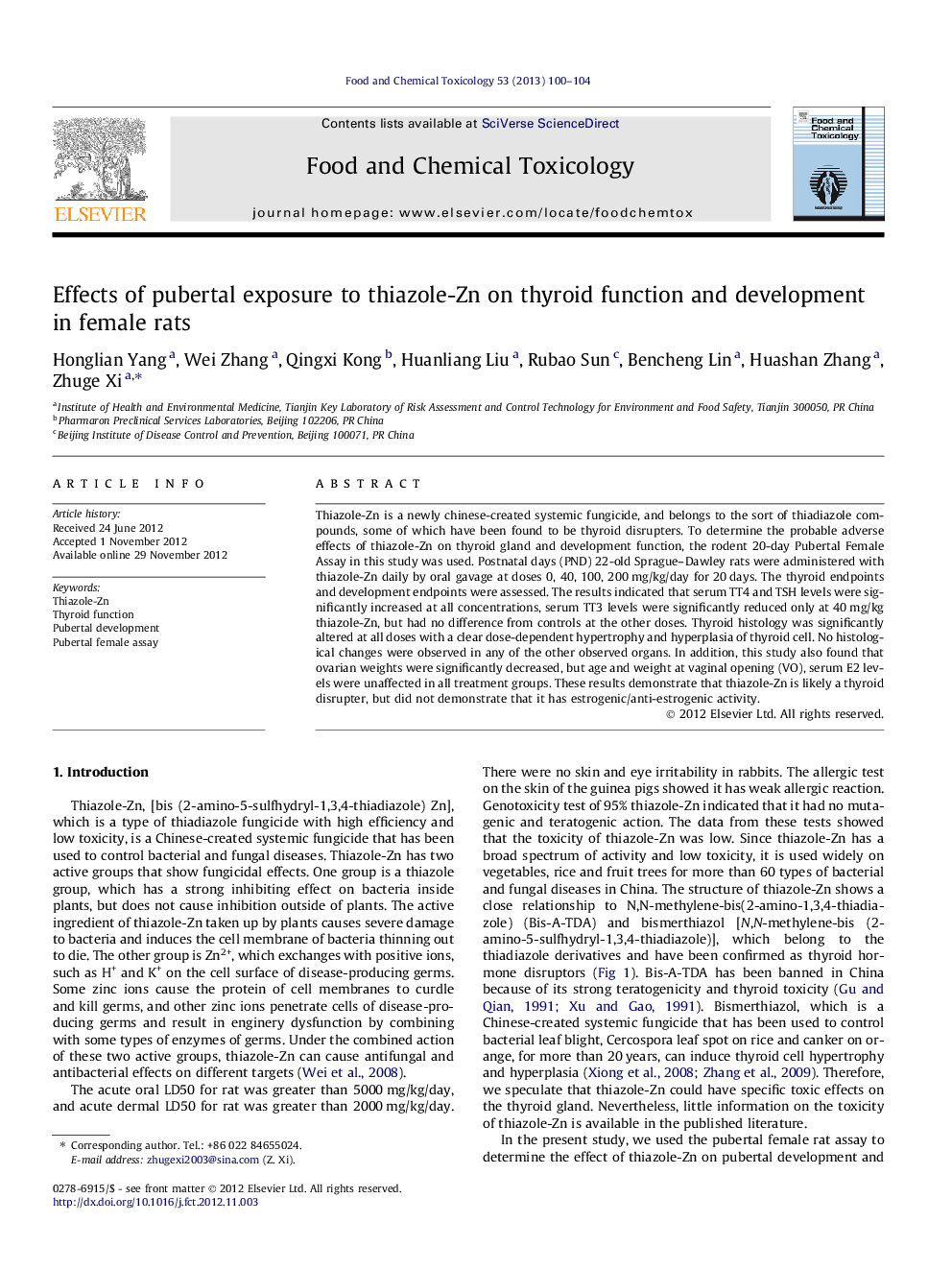 Effects of pubertal exposure to thiazole-Zn on thyroid function and development in female rats