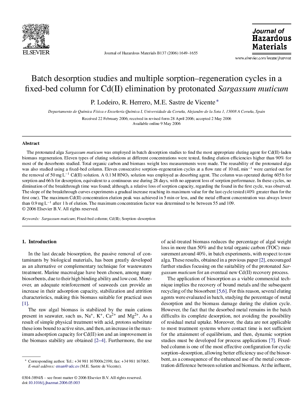 Batch desorption studies and multiple sorption-regeneration cycles in a fixed-bed column for Cd(II) elimination by protonated Sargassum muticum