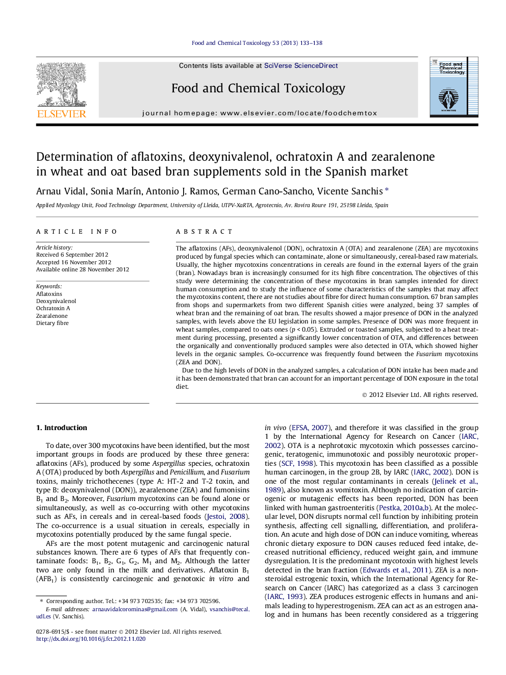 Determination of aflatoxins, deoxynivalenol, ochratoxin A and zearalenone in wheat and oat based bran supplements sold in the Spanish market