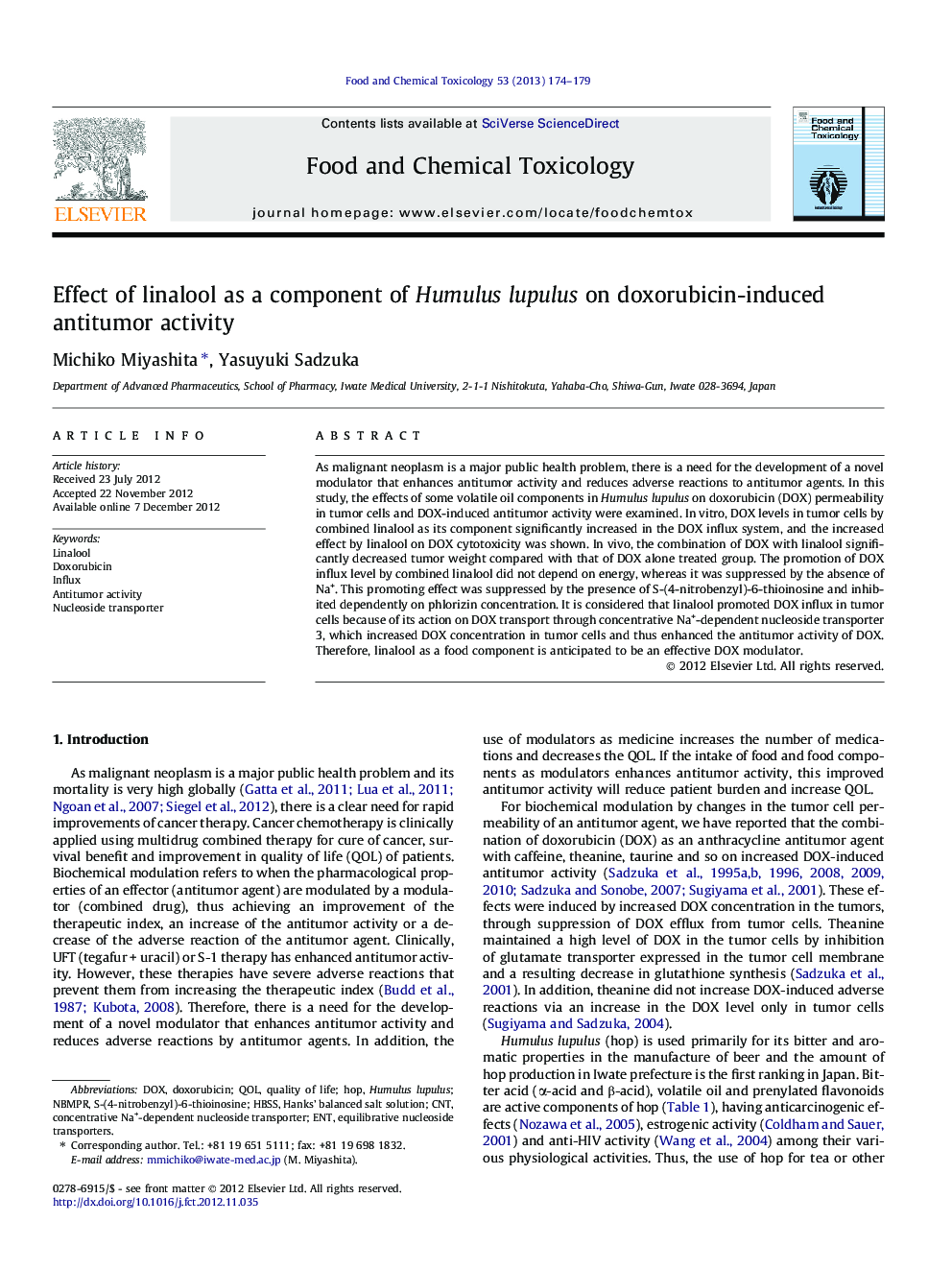 Effect of linalool as a component of Humulus lupulus on doxorubicin-induced antitumor activity