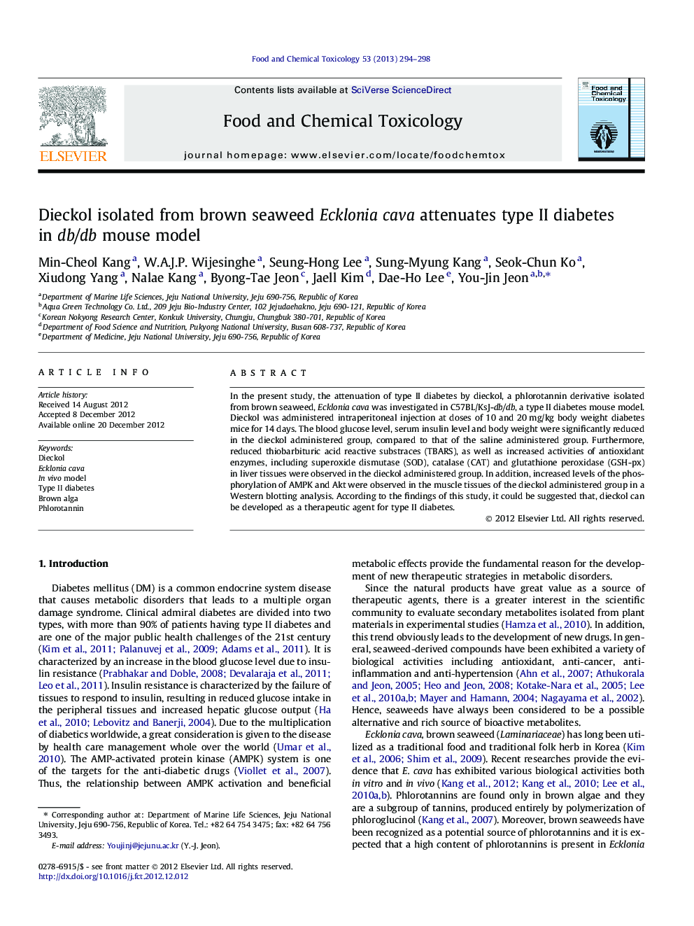 Dieckol isolated from brown seaweed Ecklonia cava attenuates type ÐÐ diabetes in db/db mouse model