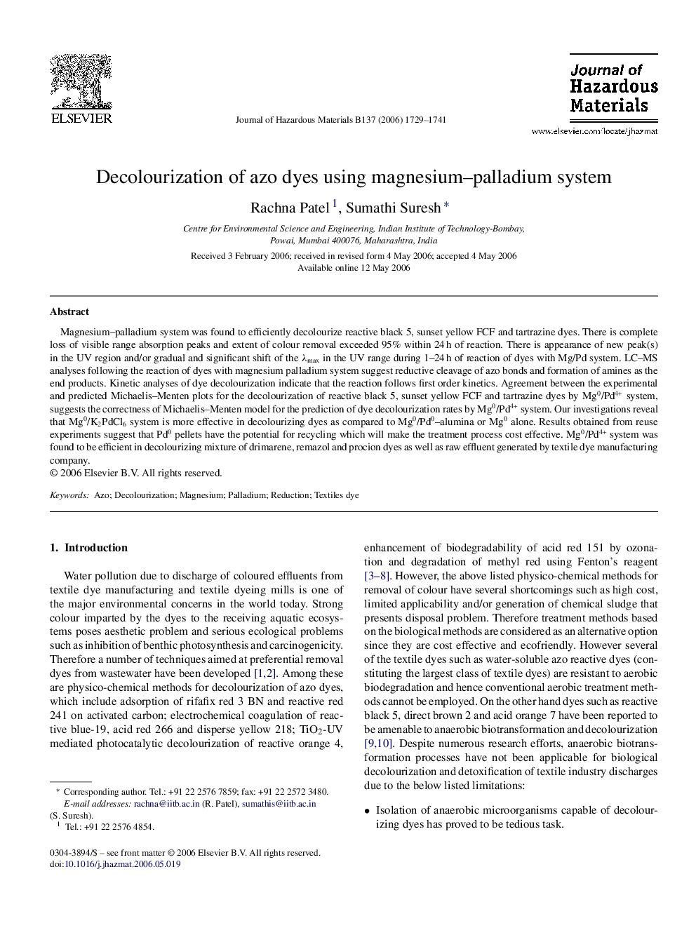 Decolourization of azo dyes using magnesium-palladium system