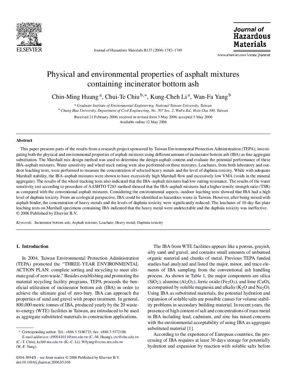 Physical and environmental properties of asphalt mixtures containing incinerator bottom ash