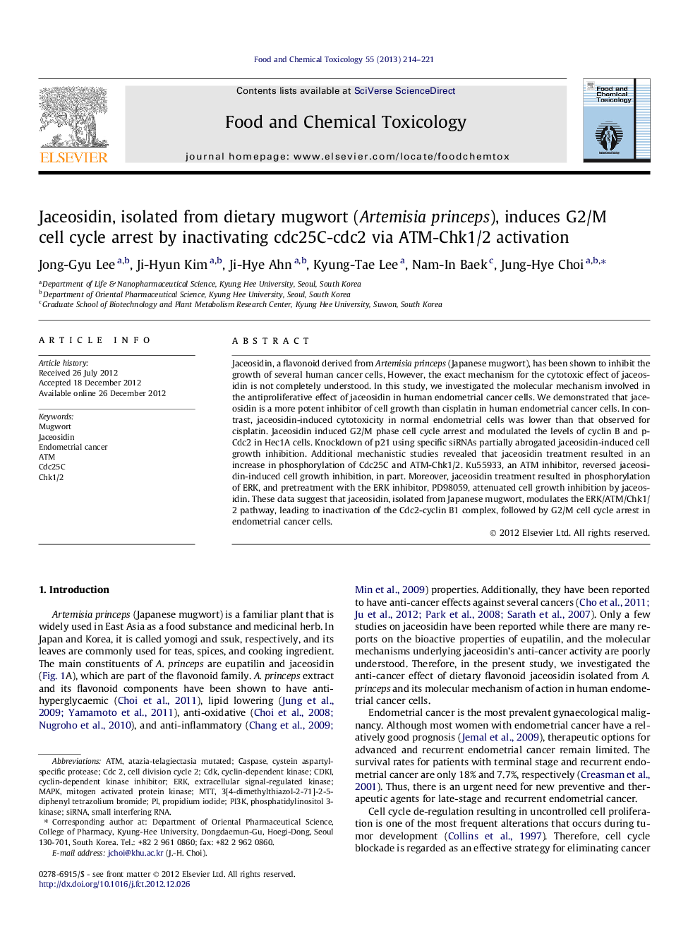 Jaceosidin, isolated from dietary mugwort (Artemisia princeps), induces G2/M cell cycle arrest by inactivating cdc25C-cdc2 via ATM-Chk1/2 activation