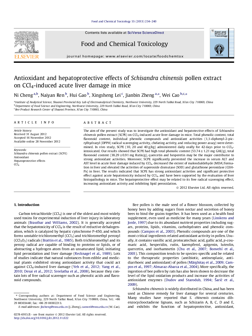 Antioxidant and hepatoprotective effects of Schisandra chinensis pollen extract on CCl4-induced acute liver damage in mice