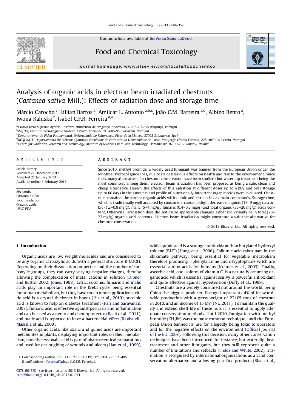 Analysis of organic acids in electron beam irradiated chestnuts (Castanea sativa Mill.): Effects of radiation dose and storage time