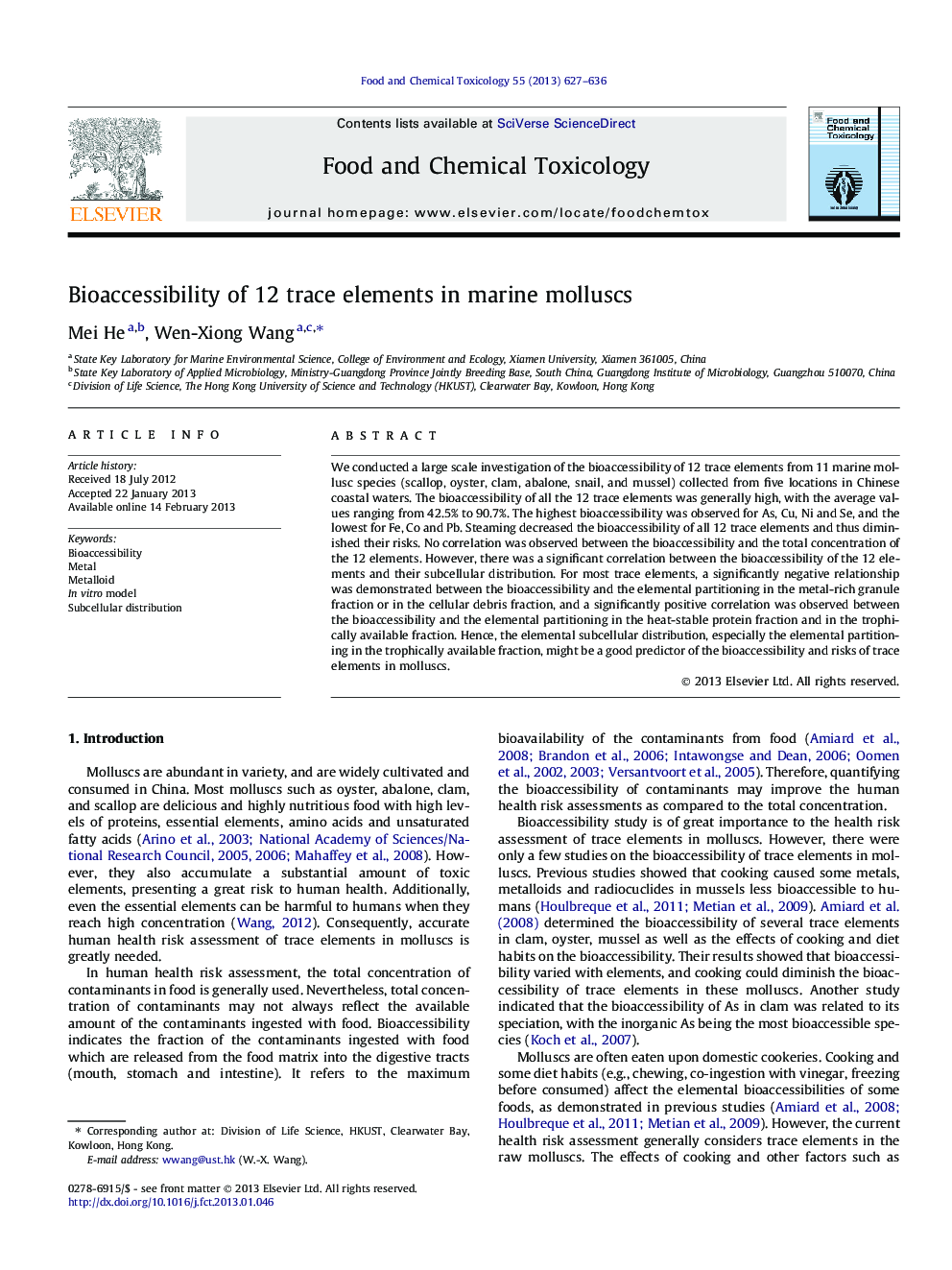 Bioaccessibility of 12 trace elements in marine molluscs