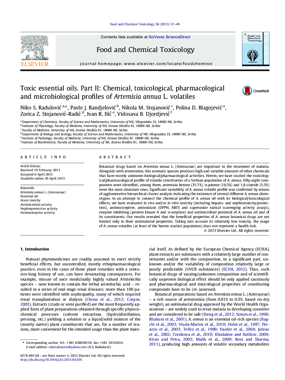 Toxic essential oils. Part II: Chemical, toxicological, pharmacological and microbiological profiles of Artemisia annua L. volatiles