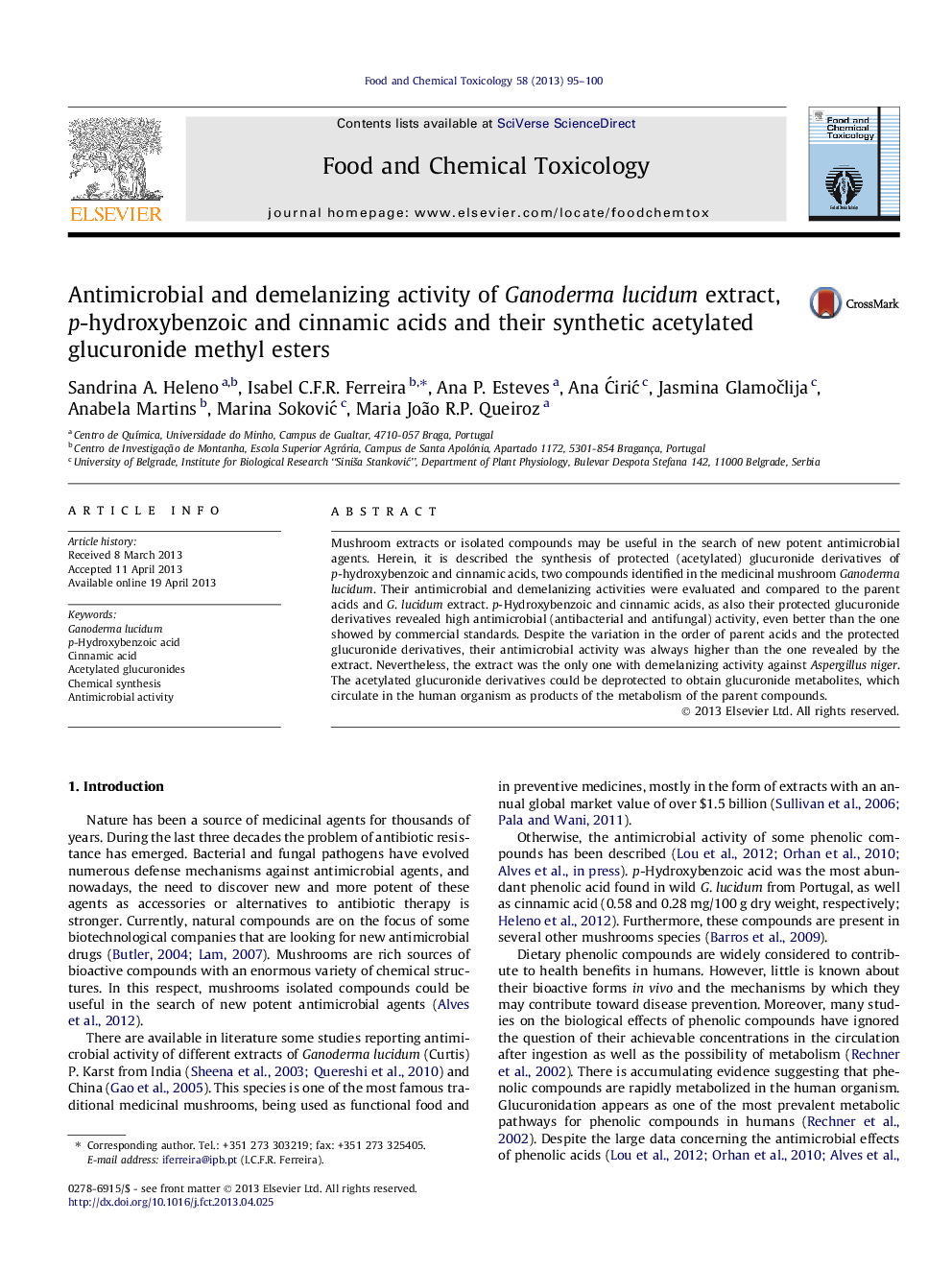 Antimicrobial and demelanizing activity of Ganoderma lucidum extract, p-hydroxybenzoic and cinnamic acids and their synthetic acetylated glucuronide methyl esters