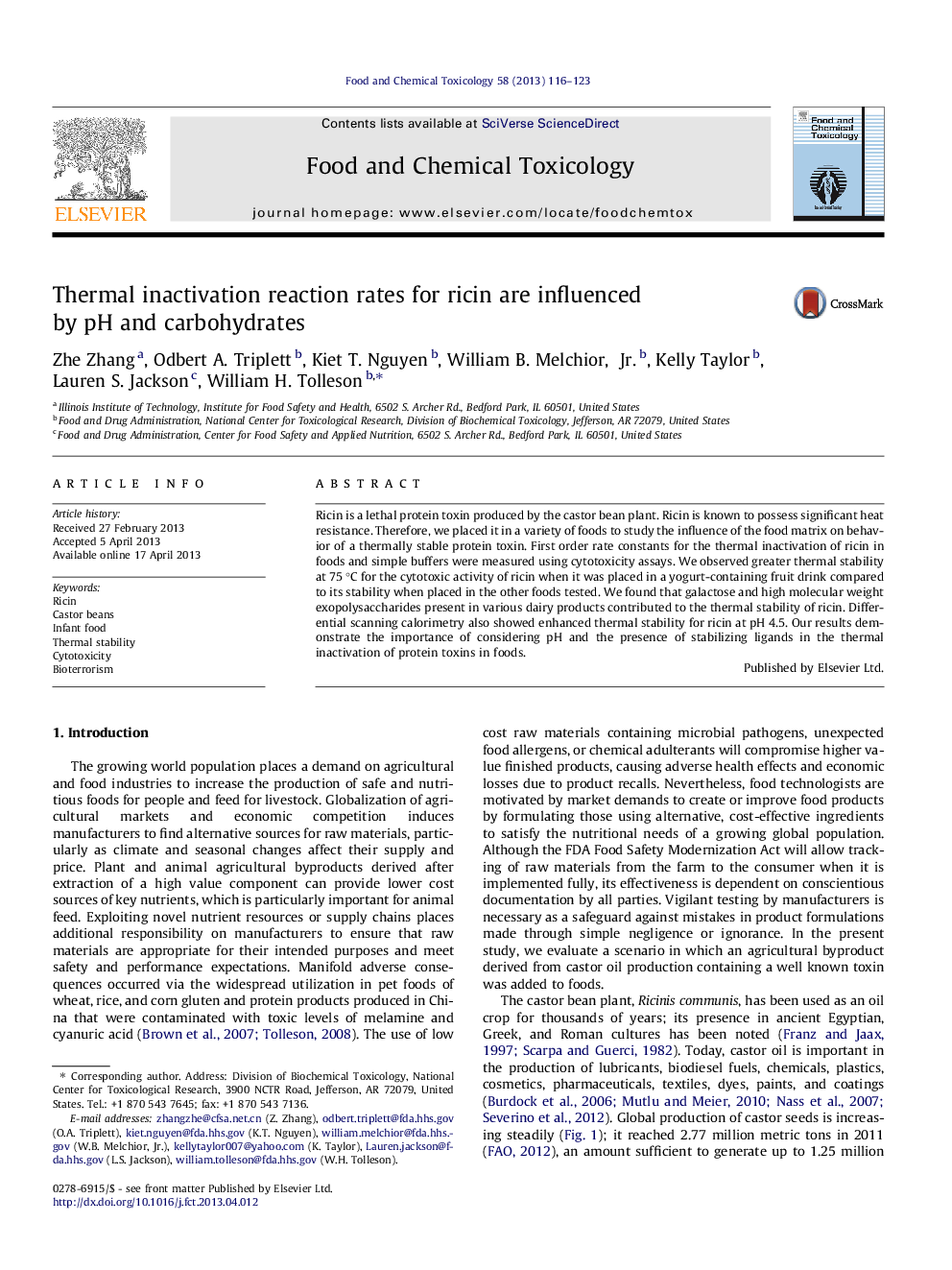 Thermal inactivation reaction rates for ricin are influenced by pH and carbohydrates