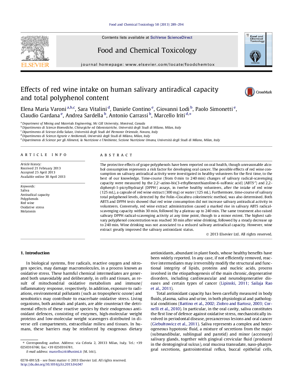 Effects of red wine intake on human salivary antiradical capacity and total polyphenol content