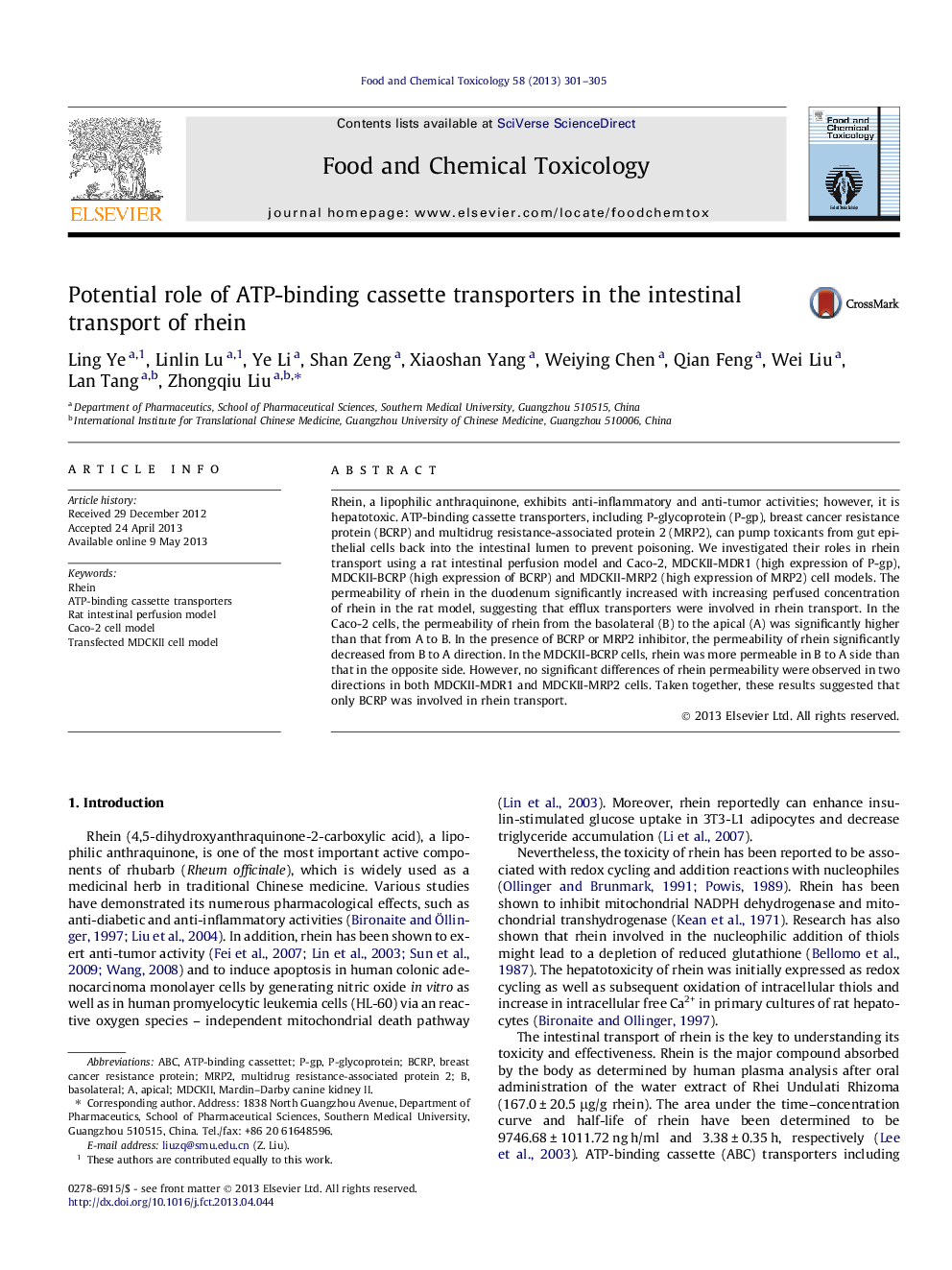 Potential role of ATP-binding cassette transporters in the intestinal transport of rhein