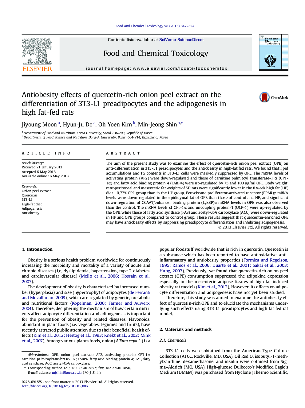 Antiobesity effects of quercetin-rich onion peel extract on the differentiation of 3T3-L1 preadipocytes and the adipogenesis in high fat-fed rats